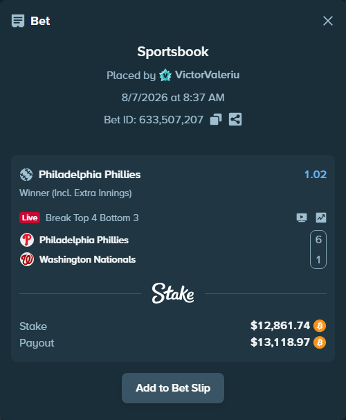 Bet slip: Philadelphia Phillies - Washington Nationals, $12,858.80 stake at 1.02 odds, placed by VictorValeriu