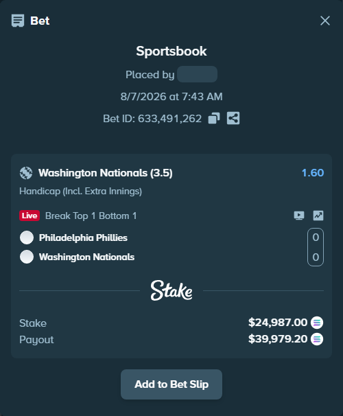 Bet slip: Philadelphia Phillies - Washington Nationals, $25,004.10 stake at 1.60 odds, placed by Marvin123421