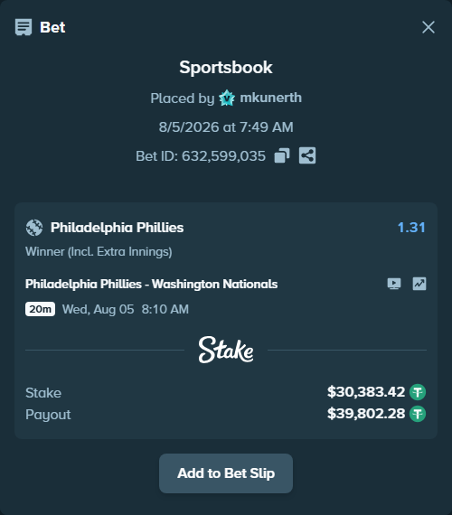 Bet slip: Philadelphia Phillies - Washington Nationals, $30,413.80 stake at 1.31 odds, placed by mkunerth