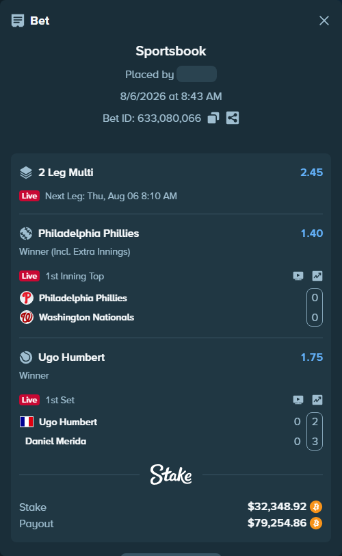 Bet slip: Philadelphia Phillies - Washington Nationals, $32,210.97 stake at 1.40 odds, placed by Mashko21