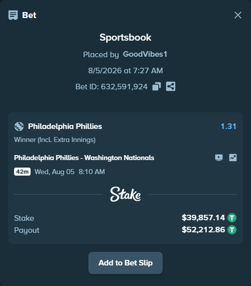 Bet slip: Philadelphia Phillies - Washington Nationals, $39,897.00 stake at 1.31 odds, placed by GoodVibes1