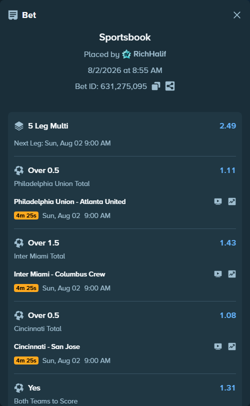 Bet slip: Philadelphia Union - Atlanta United, $15,000.00 stake at 1.11 odds, placed by RichHalif