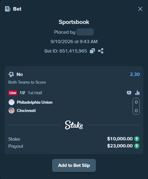 Bet slip: Philadelphia Union - Cincinnati, $10,000.00 stake at 2.30 odds, placed by Palo6
