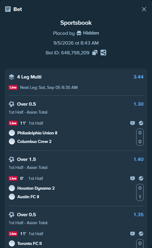Bet slip: Philadelphia Union II - Columbus Crew 2, $18,835.48 stake at 1.30 odds, placed by Hidden