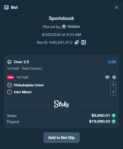 Bet slip: Philadelphia Union - Inter Miami, $10,000.00 stake at 2.00 odds, placed by Hidden