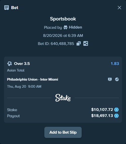 Bet slip: Philadelphia Union - Inter Miami, $10,107.72 stake at 1.83 odds, placed by Hidden