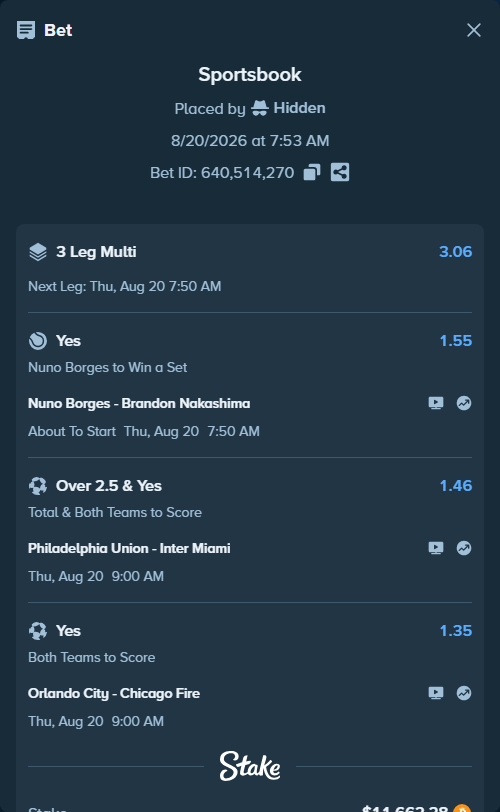 Bet slip: Philadelphia Union - Inter Miami, $13,150.52 stake at 1.46 odds, placed by Hidden