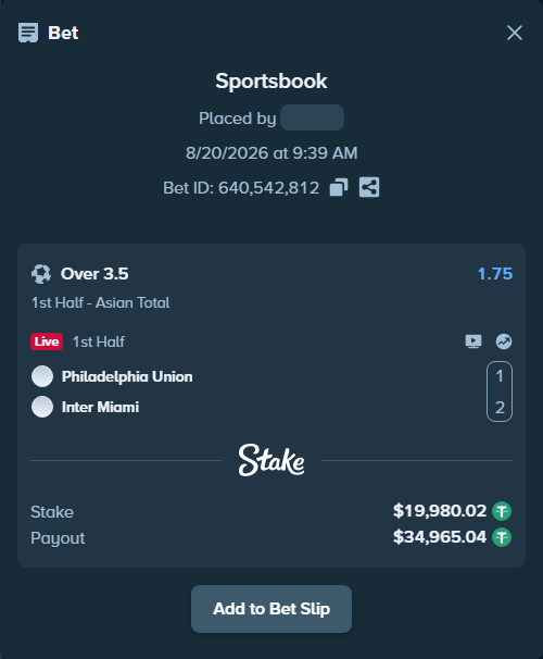 Bet slip: Philadelphia Union - Inter Miami, $20,000.00 stake at 1.75 odds, placed by tlwns4736