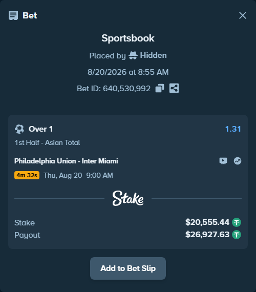 Bet slip: Philadelphia Union - Inter Miami, $20,576.00 stake at 1.31 odds, placed by Hidden