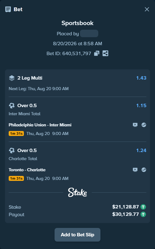 Bet slip: Philadelphia Union - Inter Miami, $21,150.00 stake at 1.15 odds, placed by SH7N28