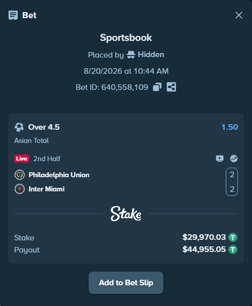 Bet slip: Philadelphia Union - Inter Miami, $30,000.00 stake at 1.50 odds, placed by Hidden