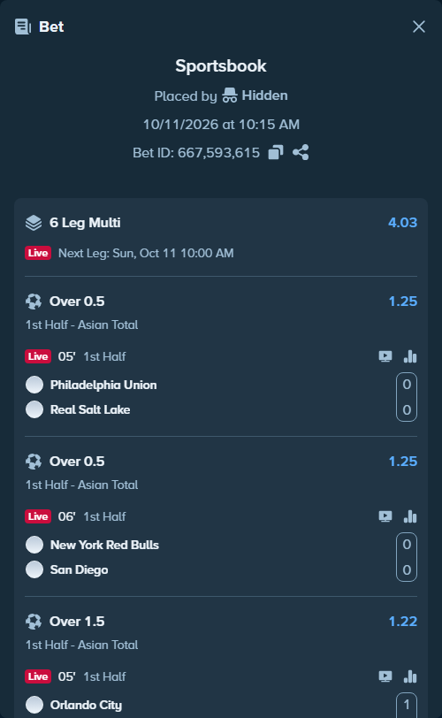 Bet slip: Philadelphia Union - Real Salt Lake, $257,815.00 stake at 1.25 odds, placed by Hidden
