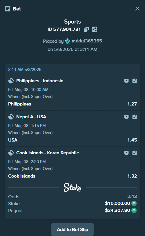 Bet slip: Philippines - Indonesia, $10,000.00 stake at 1.27 odds, placed by mridul365365