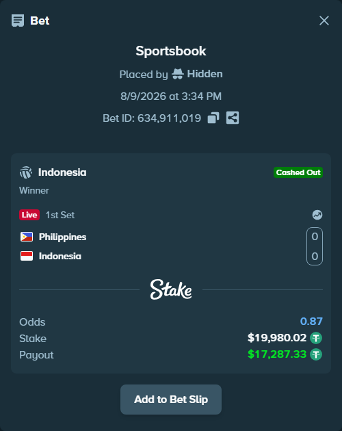 Bet slip: Philippines - Indonesia, $20,000.00 stake at 1.55 odds, placed by Hidden