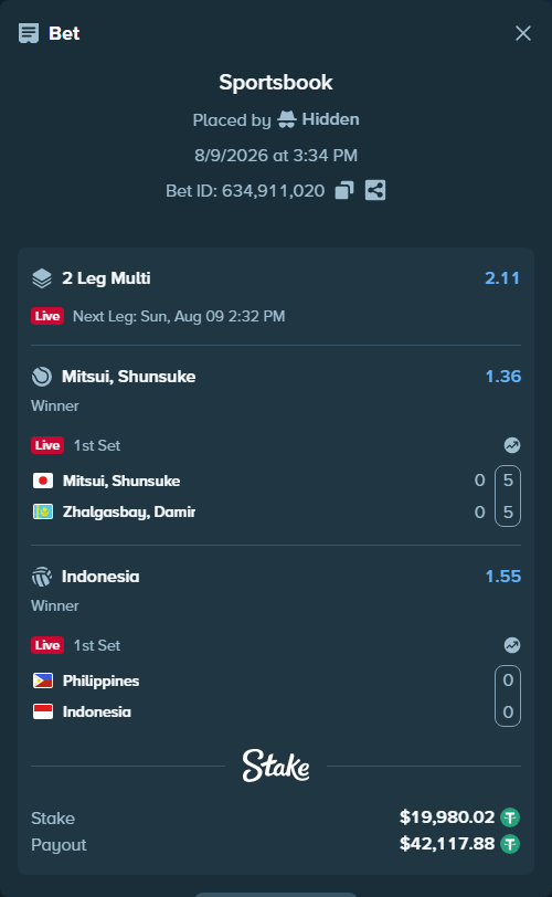 Bet slip: Philippines - Indonesia, $20,000.00 stake at 1.55 odds, placed by Hidden