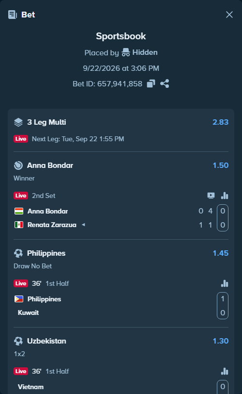Bet slip: Philippines - Kuwait, $27,504.00 stake at 1.45 odds, placed by Hidden