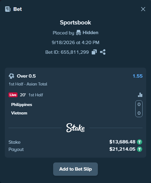 Bet slip: Philippines - Vietnam, $13,700.17 stake at 1.55 odds, placed by Hidden