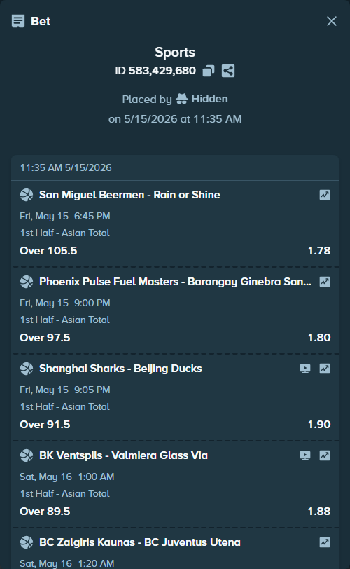 Bet slip: Phoenix Fuel Masters - Barangay Ginebra, $10,000.00 stake at 1.80 odds, placed by Hidden