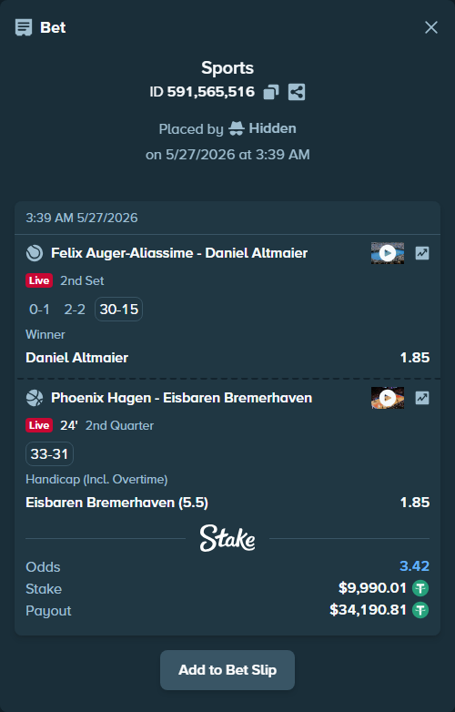 Bet slip: Phoenix Hagen - Eisbaren Bremerhaven, $10,000.00 stake at 1.85 odds, placed by Hidden