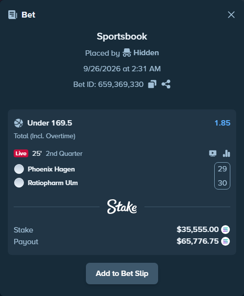 Bet slip: Phoenix Hagen - Ulm Basketball, $35,878.60 stake at 1.85 odds, placed by Hidden