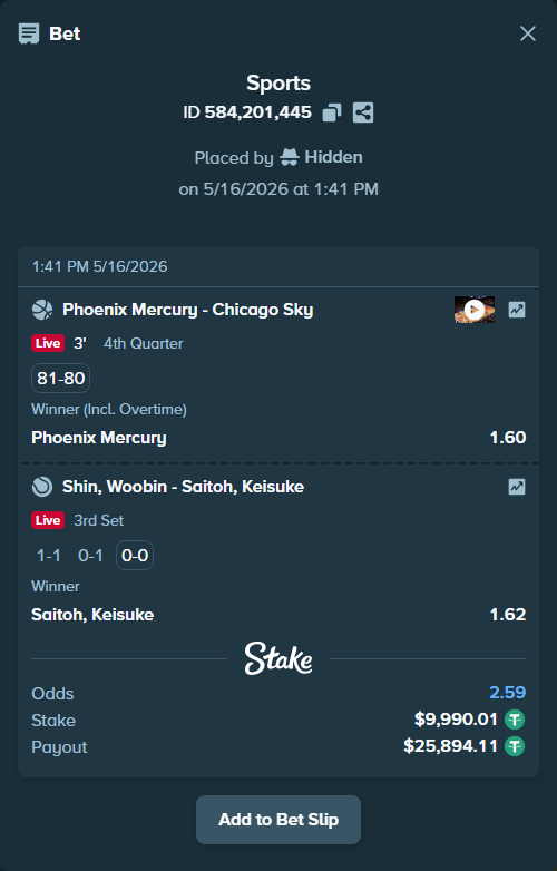 Bet slip: Phoenix Mercury - Chicago Sky, $10,000.00 stake at 1.60 odds, placed by Hidden