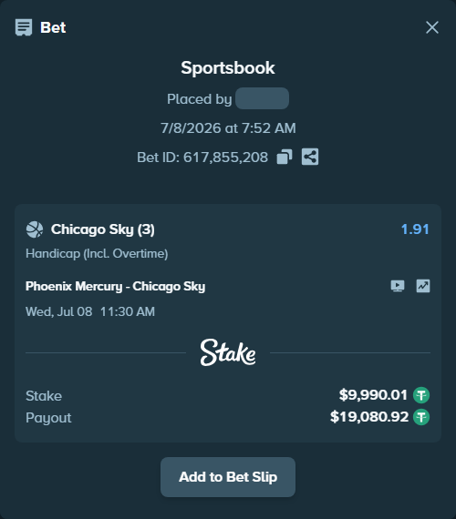 Bet slip: Phoenix Mercury - Chicago Sky, $10,000.00 stake at 1.91 odds, placed by zhanjinkun