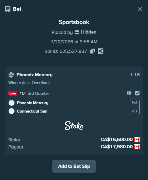 Bet slip: Phoenix Mercury - Connecticut Sun, $11,470.00 stake at 1.16 odds, placed by Hidden