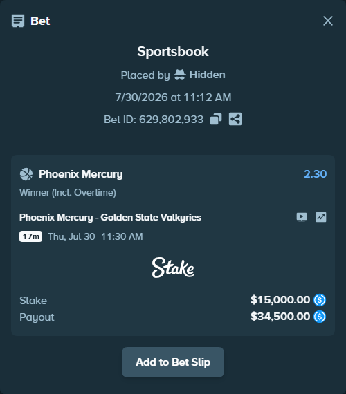 Bet slip: Phoenix Mercury - Golden State Valkyries, $15,000.00 stake at 2.30 odds, placed by Hidden