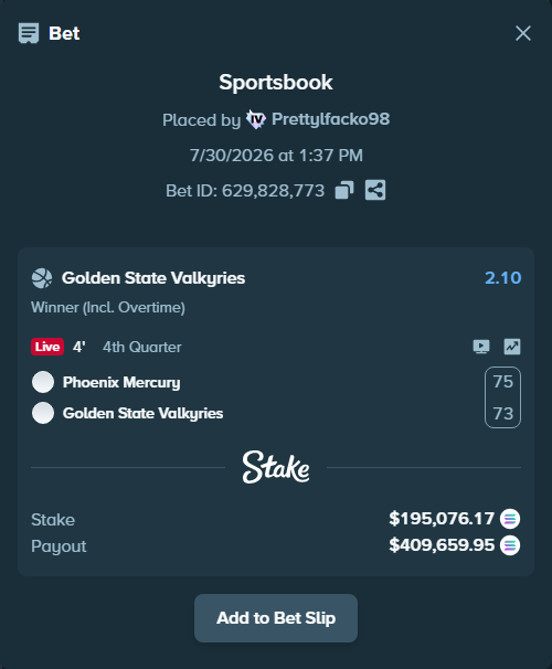 Bet slip: Phoenix Mercury - Golden State Valkyries, $192,654.35 stake at 2.10 odds, placed by Prettylfacko98