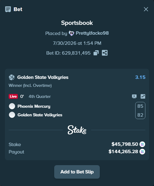 Bet slip: Phoenix Mercury - Golden State Valkyries, $45,263.21 stake at 3.15 odds, placed by Prettylfacko98