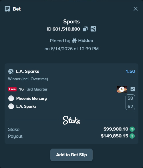 Bet slip: Phoenix Mercury - Los Angeles Sparks, $100,000.00 stake at 1.50 odds, placed by Hidden
