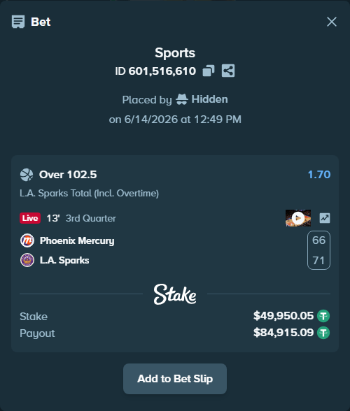 Bet slip: Phoenix Mercury - Los Angeles Sparks, $50,000.00 stake at 1.70 odds, placed by Hidden