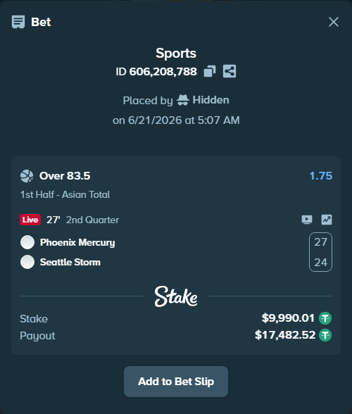Bet slip: Phoenix Mercury - Seattle Storm, $10,000.00 stake at 1.75 odds, placed by Hidden