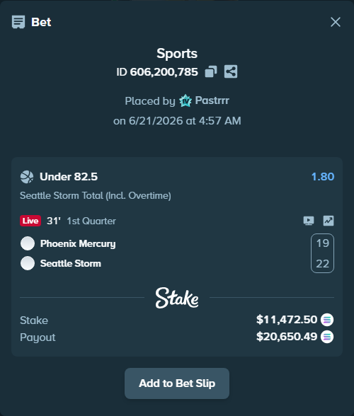 Bet slip: Phoenix Mercury - Seattle Storm, $11,570.99 stake at 1.80 odds, placed by Pastrrr