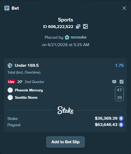 Bet slip: Phoenix Mercury - Seattle Storm, $33,460.36 stake at 1.75 odds, placed by azosuka