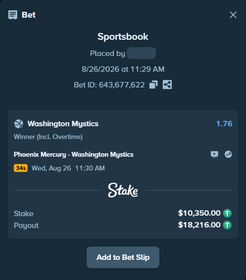 Bet slip: Phoenix Mercury - Washington Mystics, $10,350.00 stake at 1.76 odds, placed by fantasy7788