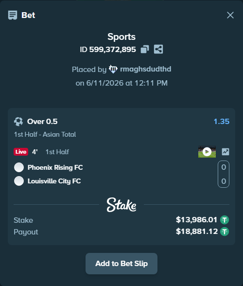 Bet slip: Phoenix Rising FC - Louisville City FC, $14,000.00 stake at 1.35 odds, placed by rmaghsdudthd