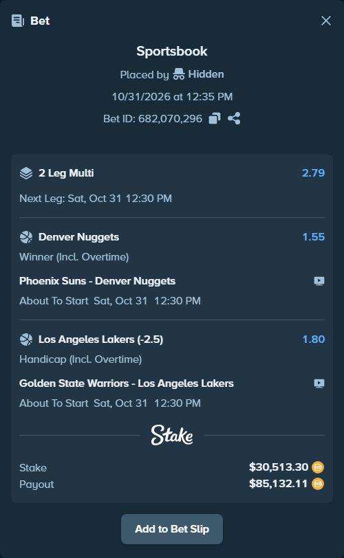 Bet slip: Phoenix Suns - Denver Nuggets, $30,513.30 stake at 1.55 odds, placed by Hidden