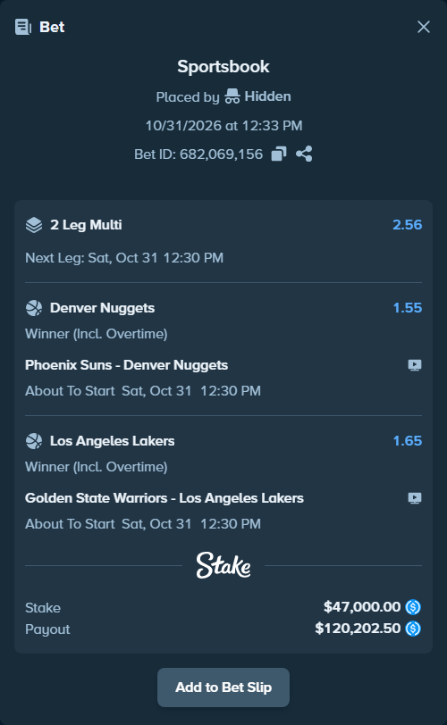 Bet slip: Phoenix Suns - Denver Nuggets, $47,000.00 stake at 1.55 odds, placed by Hidden