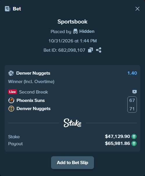 Bet slip: Phoenix Suns - Denver Nuggets, $47,177.03 stake at 1.40 odds, placed by Hidden
