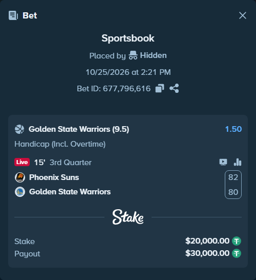 Bet slip: Phoenix Suns - Golden State Warriors, $20,020.00 stake at 1.50 odds, placed by Hidden