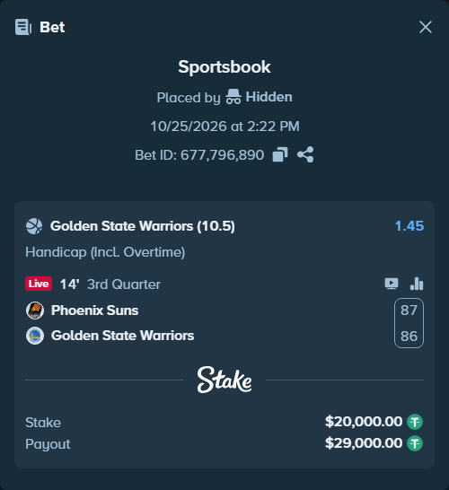 Bet slip: Phoenix Suns - Golden State Warriors, $20,020.00 stake at 1.45 odds, placed by Hidden
