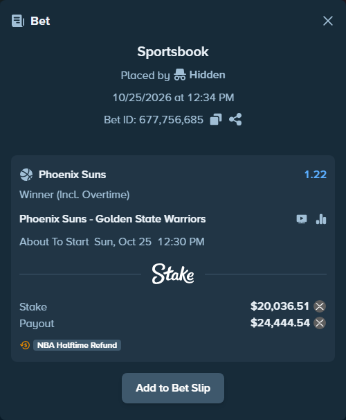 Bet slip: Phoenix Suns - Golden State Warriors, $19,822.14 stake at 1.22 odds, placed by Hidden