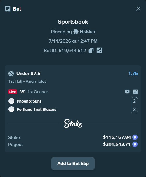 Bet slip: Phoenix Suns - Portland Trail Blazers, $122,107.58 stake at 1.75 odds, placed by Hidden