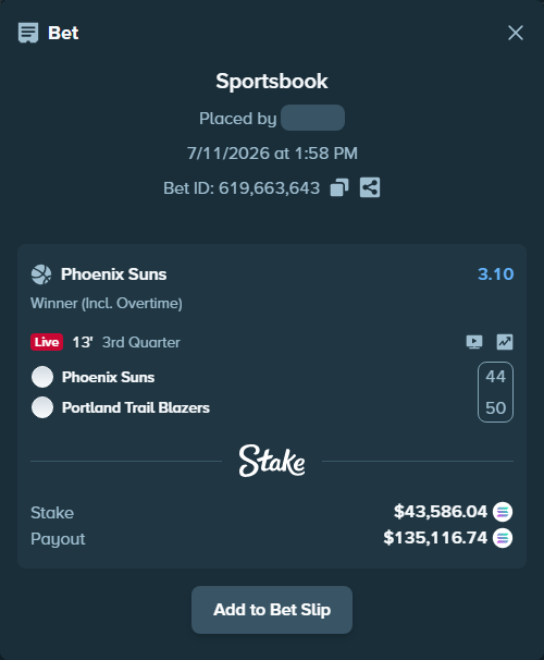 Bet slip: Phoenix Suns - Portland Trail Blazers, $40,796.08 stake at 3.10 odds, placed by Prettylfacko98