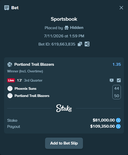 Bet slip: Phoenix Suns - Portland Trail Blazers, $81,000.00 stake at 1.35 odds, placed by Hidden