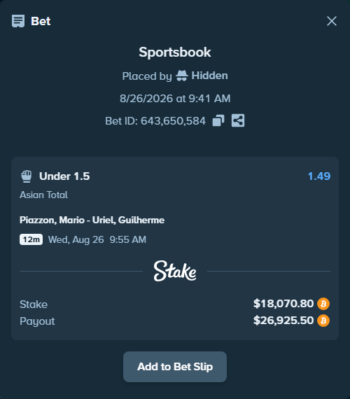 Bet slip: Piazzon, Mario - Uriel, Guilherme, $18,119.85 stake at 1.49 odds, placed by theoutlaw