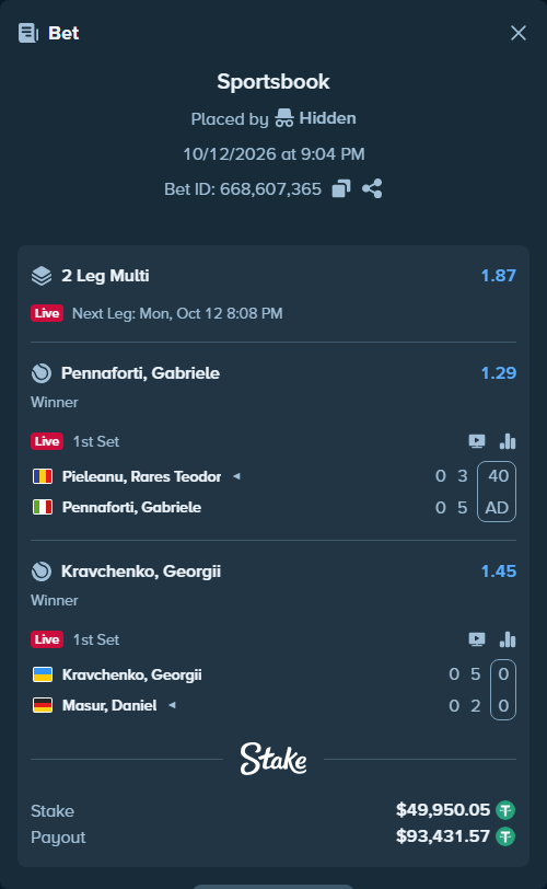 Bet slip: Pieleanu, Rares Teodor - Pennaforti, Gabriele, $50,000.00 stake at 1.29 odds, placed by Hidden