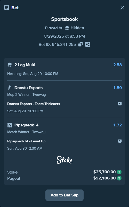Bet slip: Pipsqueak+4 - Level Up, $35,700.00 stake at 1.72 odds, placed by Hidden