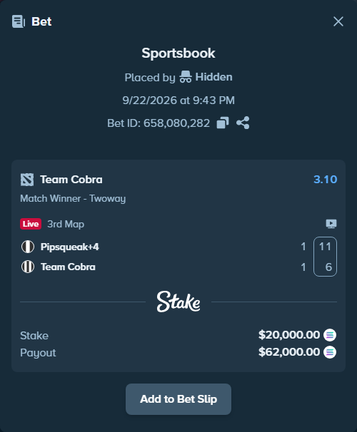 Bet slip: Pipsqueak+4 - Team Cobra, $20,049.91 stake at 3.10 odds, placed by Hidden